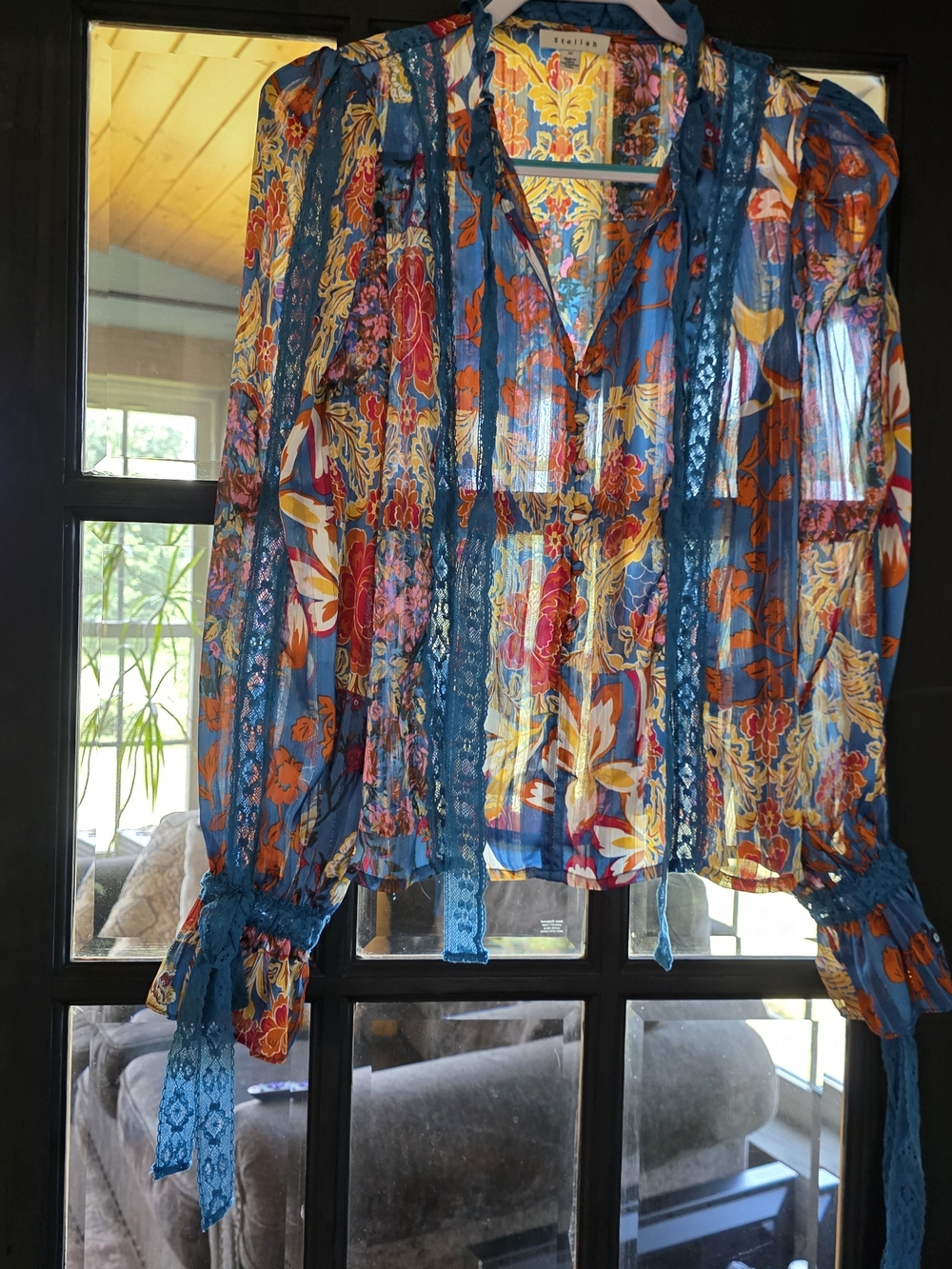 Stellah Teal Lace Floral Sheer Curtain Panel with Multicolor Blooms
